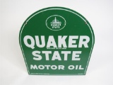 Vintage Quaker State Motor Oil double-sided tin tombstone-shaped garage sign.