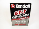 NOS Kendall GT-1 High Mileage Motor Oil single-sided embossed tin automotive garage sign.