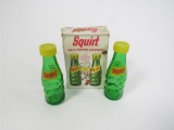NOS set of 1960s Squirt Soda bottle-shaped glass salt and pepper shakers.