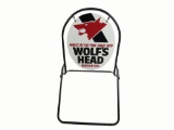 Sharp Wolfs Head Motor Oil double-sided tin service station curb sign with Wolfs Head logo.