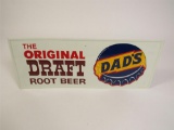 NOS 1960s Dads Original Draft Root Beer single-sided embossed tin sign with bottle-cap logo.