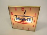 Stupendous 1959 Mobil Oil glass-faced light-up service station clock with Pegasus logo.