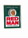 Vintage Red Man Chewing Tobacco single-sided embossed tin sign with Chieftain logo.