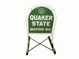 Vintage Quaker State Motor Oil double-sided tin curb sign in original stand.