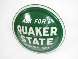 NOS Ask For Quaker State Motor Oil single-sided three-dimensional tin automotive garage sign.