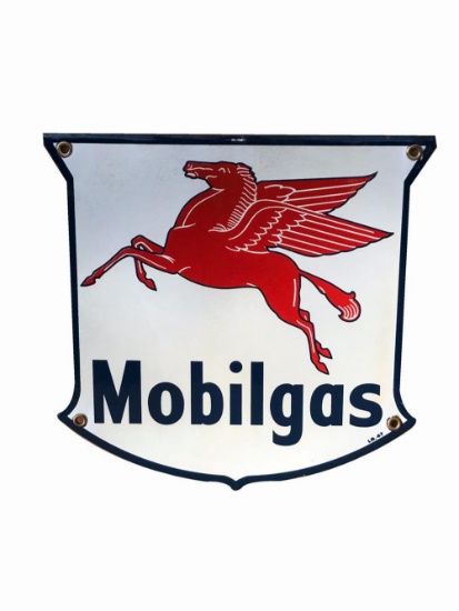 Sharp 1947 Mobilgas porcelain shield-shaped pump plate sign.