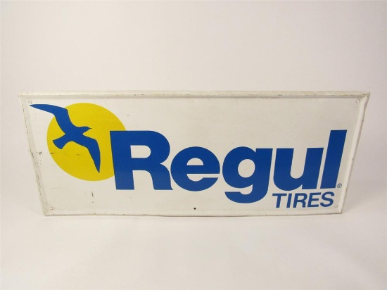 Circa late 1960s Regul Tires single-sided self-framed tin sign with seagull logo.