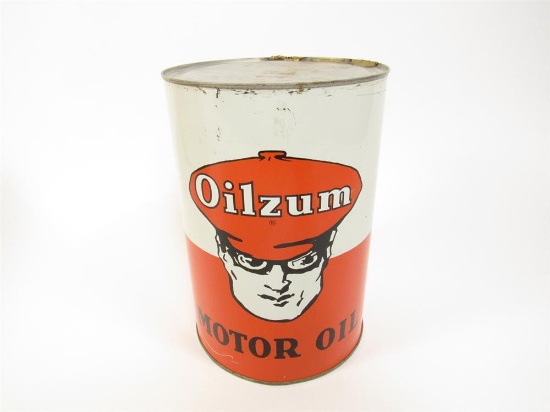 Choice 1940s Oilzum Motor Oil 5-quart solder-seamed motor oil tin with Oilzum man graphics.