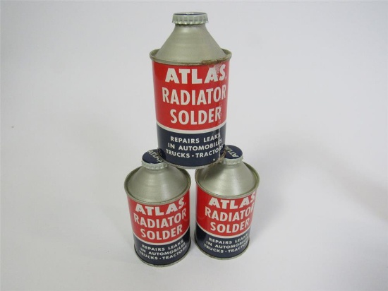 Lot of three NOS 1950s Atlas Radiator Solder cone-topped tins still full.