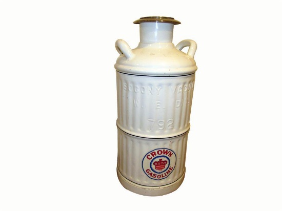 Restored 1920s Socony Vacuum 5-gallon restored oil/gas can with Crown Gasoline label.