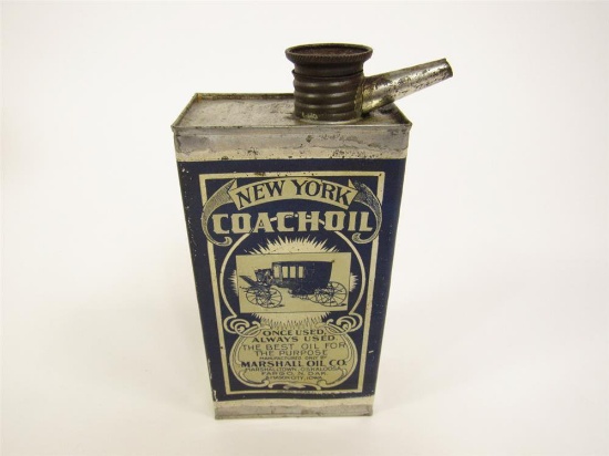 Circa turn-of-the-century Marshall Oil Company New York Coach Oil solder-seamed tin still full.