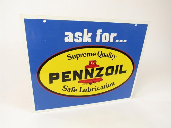 Vintage Ask For Pennzoil Motor Oil double-sided tin automotive garage sign with Bell logo.