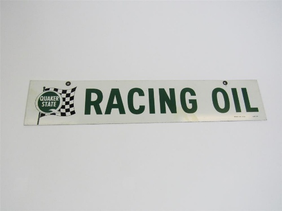 Nifty 1967 Quaker State Racing Oil double-sided tin sign with checkered-flag graphic.