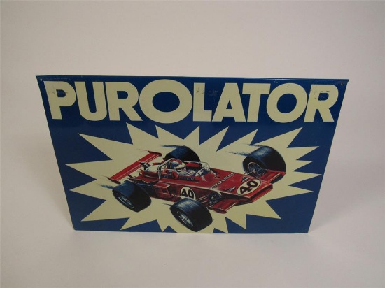 NOS 1960s Purolator oil treatment single-sided tin automotive garage sign with Indy Car graphic.