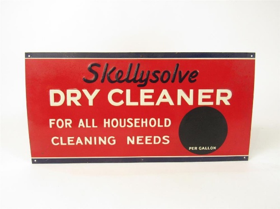 NOS 1930s Skelly Dry Cleaner single-sided embossed tin service station sign.