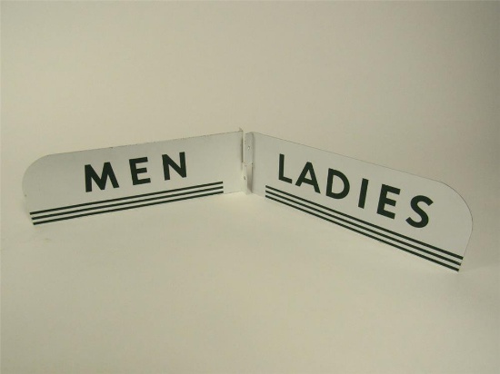 NOS set of 1940s-50s Texaco Men-Ladies restroom double-sided tin flange signs.