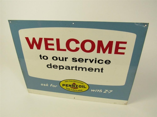 1965 Pennzoil Welcome to our service department single-sided tin sign with Pennzoil logo.