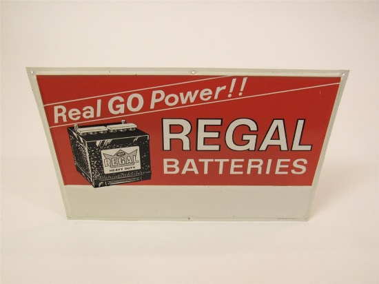 NOS 1960s Regal Batteries Real Go Power single-sided tin sign with period battery graphic.