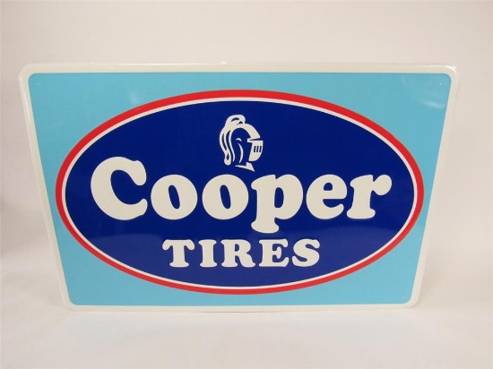 Sharp circa 1960s Cooper Tires single-sided embossed tin automotive garage sign with Knights Helmet 