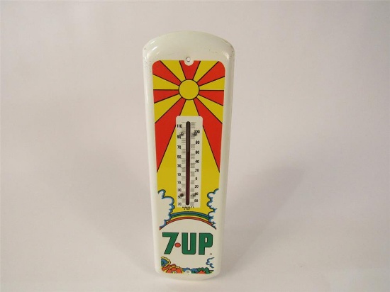 Seldom seen NOS 1971 7-up die-cut tin thermometer with Peter Max graphics.