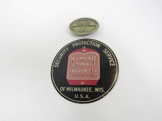 Lot consisting of a 1920s Milwaukee Automobile Insurance pectin and a 1920s-30s Fisher Body Flint Mi