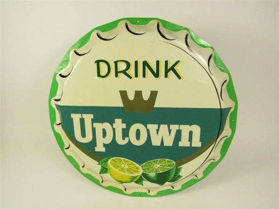 Killer NOS 1950s Uptown Lemon-Lime Soda Beverages die-cut tin three-dimensional bottle-cap-shaped si