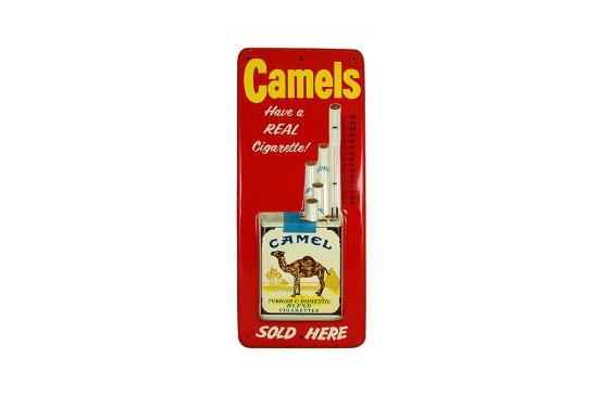 Terrific late 1950s-early 60s Camel Cigarettes Sold Here tin thermometer with three-dimensional ciga