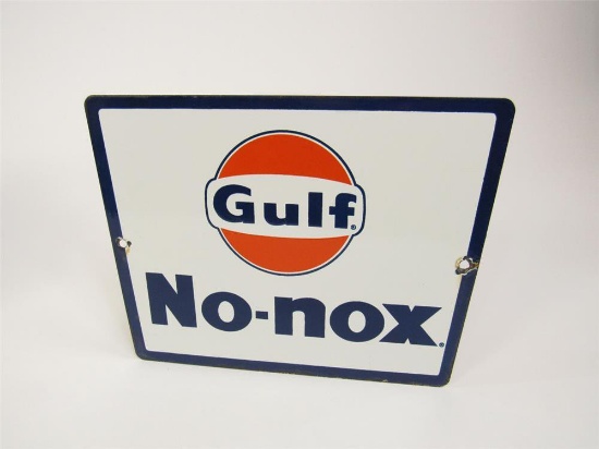 Late 1950s-early 60s Gulf No-Nox Gasoline single-sided porcelain pump plate sign.