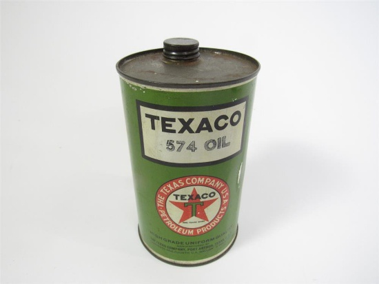 Very desirable early 1930s Texaco Port Arthur 574 Oil  quarter-U.S.-gallon tin with original cap.