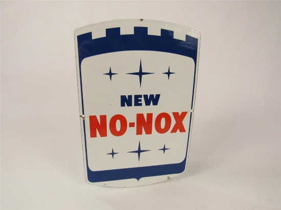 Early 1960s Gulf New No-Nox single-sided porcelain pump plate shield-style sign.