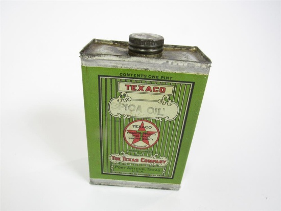 Very clean 1920s Texaco Port Arthur Spica Oil one-pint solder-seamed tin with original cap.