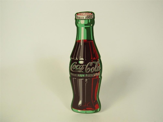 Very clean NOS 1950s Coca-Cola die-cut tin bottle-shaped sign.