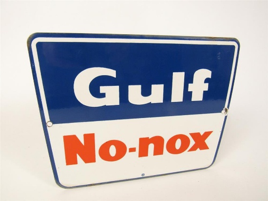 Early 1960s Gulf No-Nox Gasoline single-sided porcelain pump plate sign.