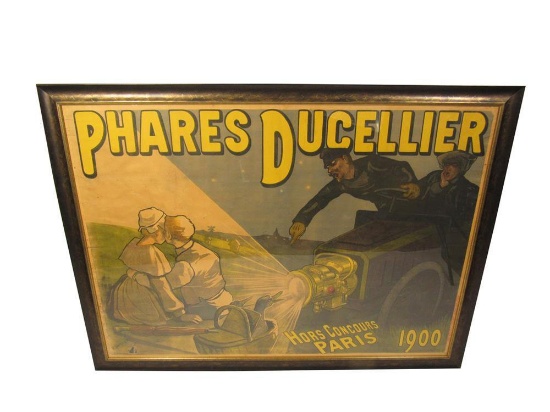 Scarce early 1900s Phares Ducellier Automotive Lamps Hors Concours Paris automotive garage poster.