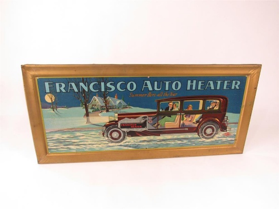 Museum-quality 1920s Francisco Auto Heaters single-sided self-framed tin sign featuring beautiful ar