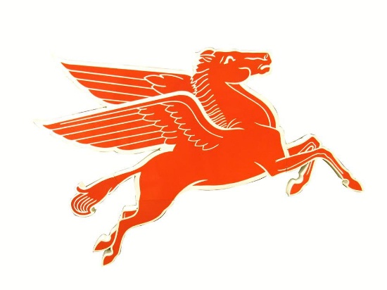 Iconic 1950s Mobil Oil right-facing Pegasus die-cut porcelain three-dimensional service station sign