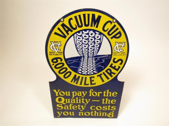 Rare 1920s Vacuum Cup 6000 Mile Tires double-sided die-cut porcelain automotive garage sign.