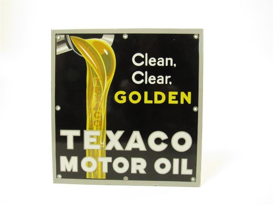 Killer late 1920s Texaco Motor Oil Clean Clear Golden single-sided porcelain lubester sign.