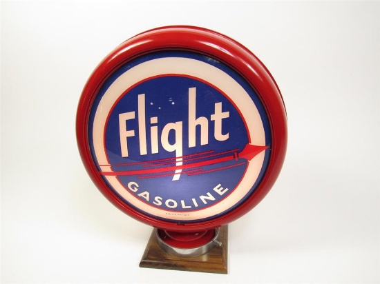 Magnificent 1930s Flight Gasoline gas pump globe in a high-profile metal body.