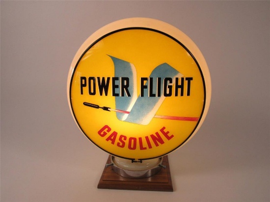 Scarce circa 1940s Power Flight Gasoline gas pump globe in a milk-glass Gill body.