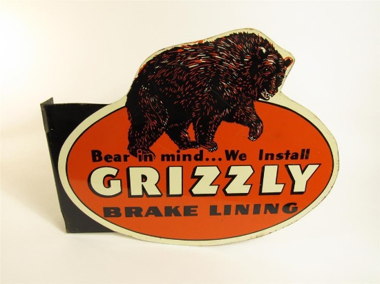 Very hard-to-find 1940s Grizzly Brake Lining tin flange sign with outstanding Grizzly Bear graphics.