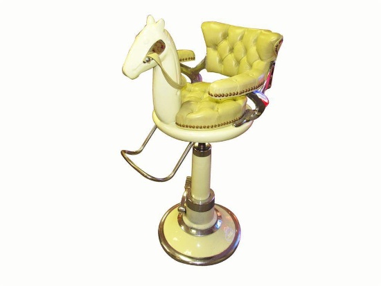 Extraordinary 1930s original barber shop childs chair with horse motif.