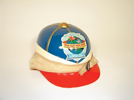 Fantastic NOS 1950 Chevrolet Soap Box Derby race helmet.