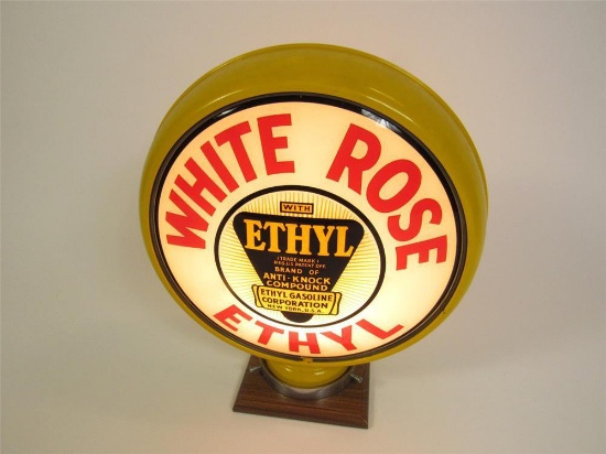 Spectacular 1930s White Rose with Ethyl Gasoline metal-bodied gas pump globe with Ethyl burst logo.