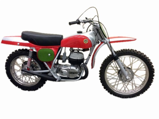 Sharp 1970 restored Bultaco Pursang 68 motorcycle.