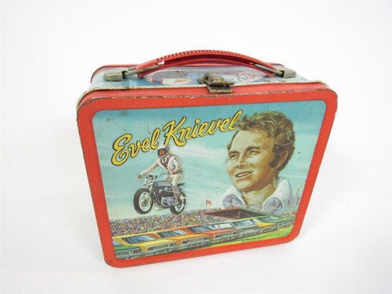 Cool 1970s Evel Knievel metal lunch box with nice graphics of the King of Dare.