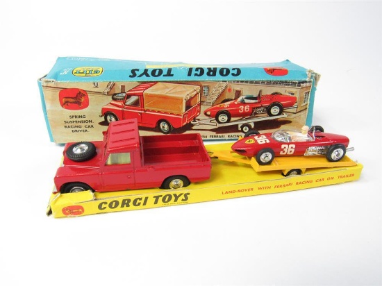 Very neat 1960s Corgi Toys Land-Rover with Ferrari racing car on trailer.