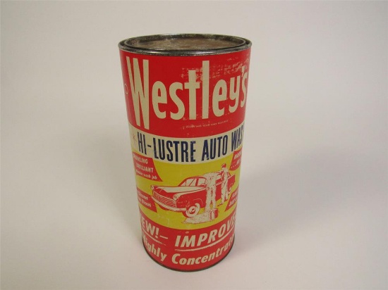 NOS late 1950s Westleys Hi-Lustre Car Wash large paper tin with period vehicle graphics.