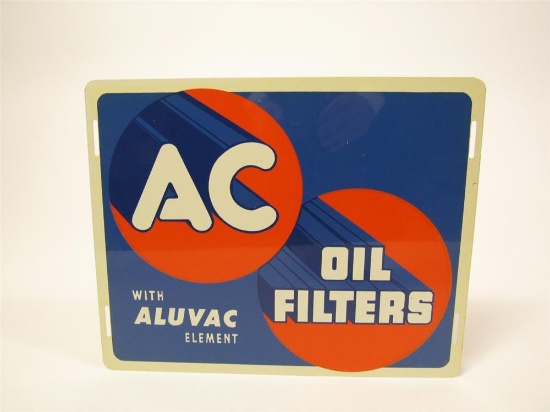 NOS 1930s-40s AC Oil Filters with Aluvac Element single-sided die-cut tin sign.