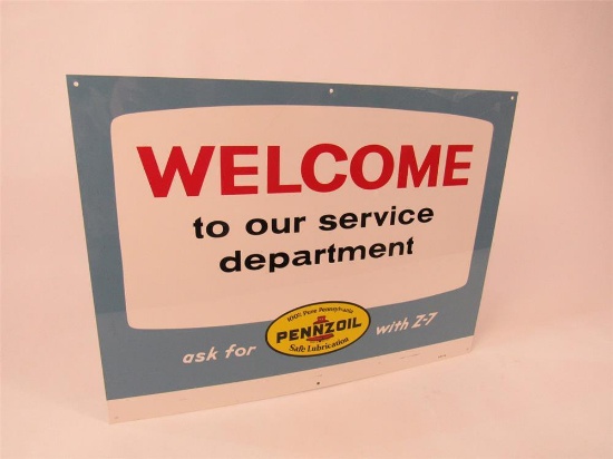 NOS 1965 Pennzoil Welcome to our service department single-sided tin sign with Pennzoil bell logo.